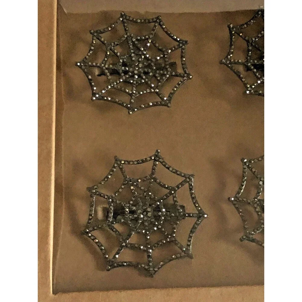 Tahari Home Halloween Napkin Rings Holders Set Of 4 Spider Web Black Rhinestones